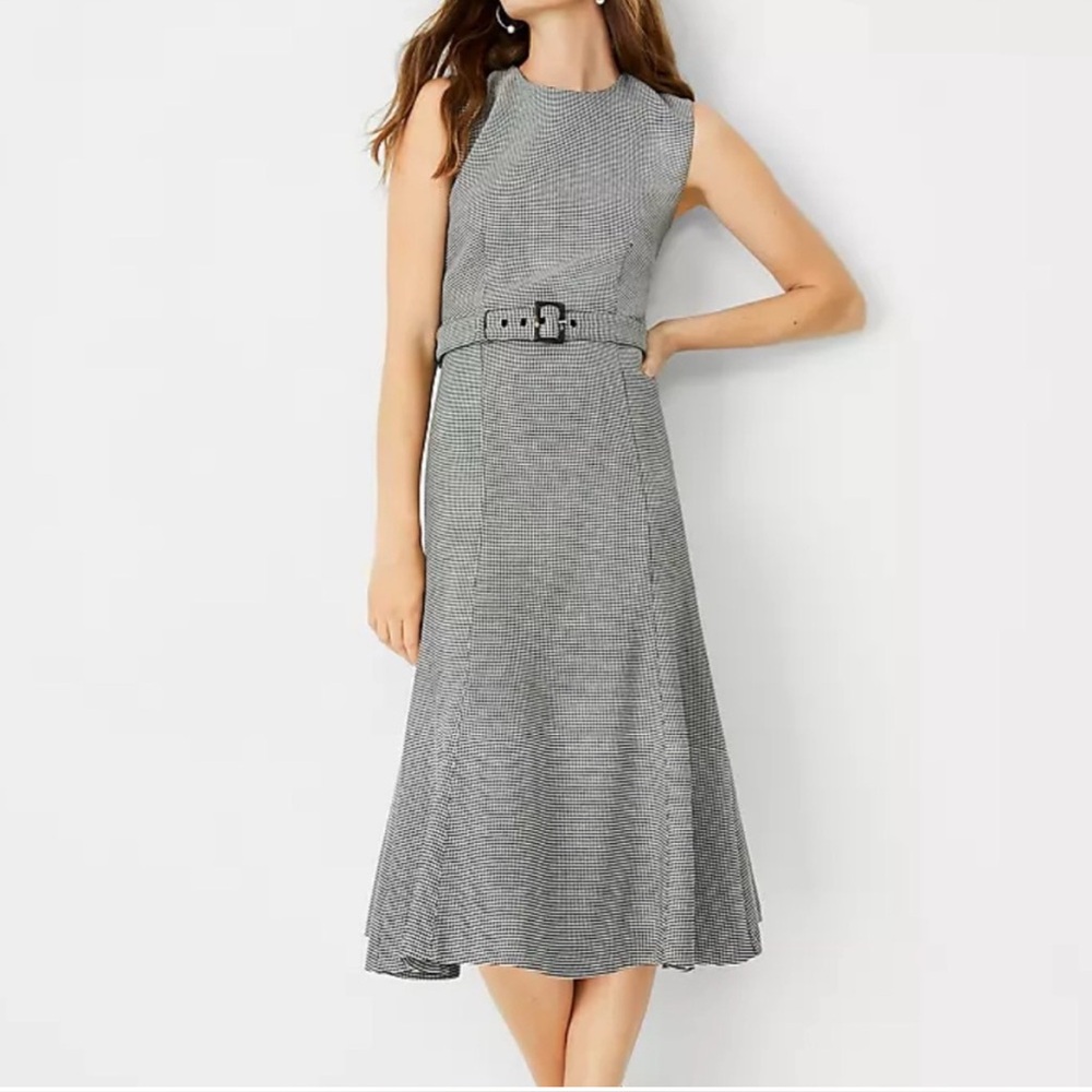 Ann Taylor Gray Houndstooth Sleeveless Midi Dress with Belt